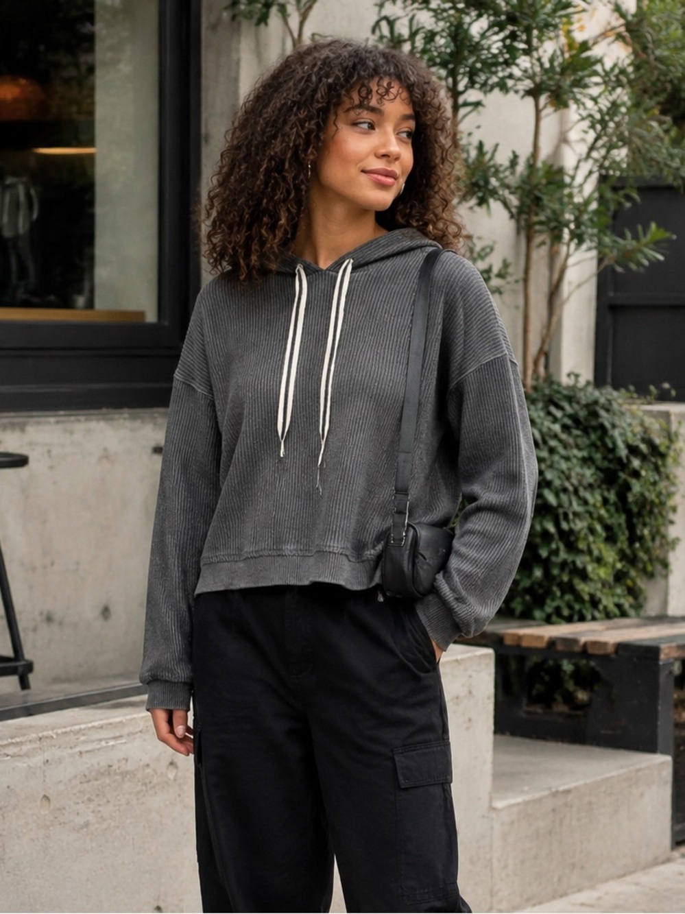 Aerie Charcoal Gray Ribbed Cropped Hoodie Size Small Oversized Pullover